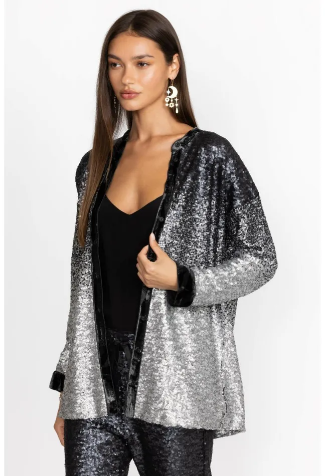 Women Johnny Was Tops Sequin Black Button Up Black