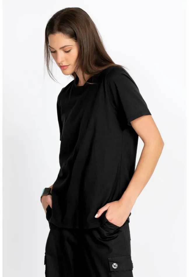 Women Johnny Was Tops Short Sleeve Crew Neck Layering Tee Black