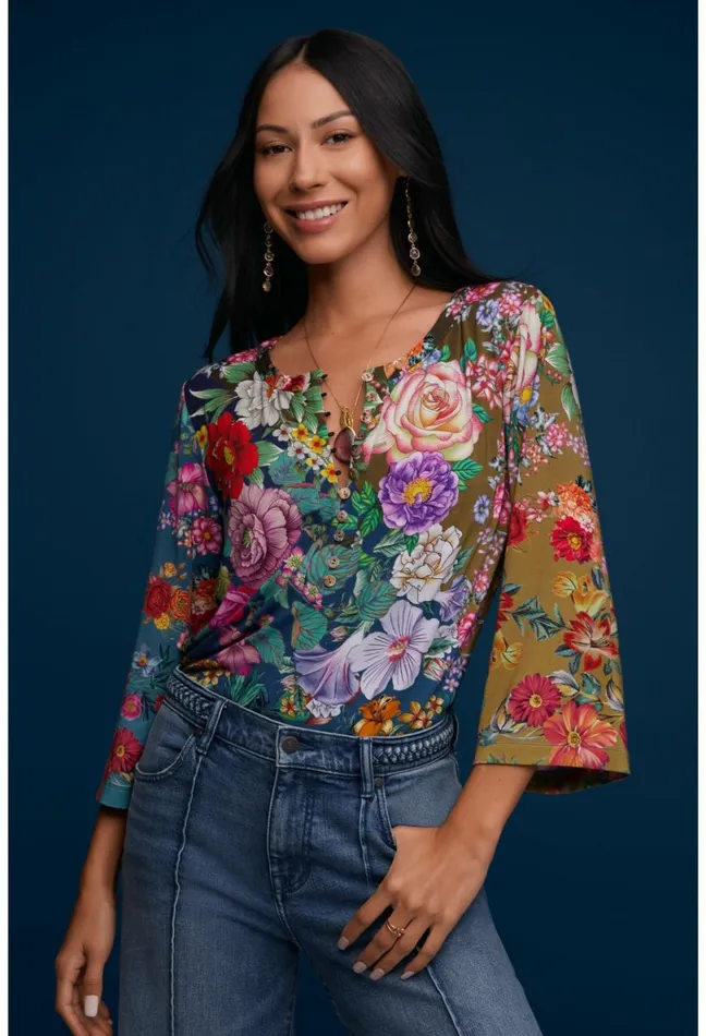 Women Johnny Was Tops The Janie Favorite Button Front Henley Neutra