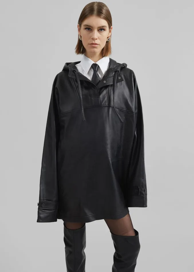 Women Kevin Leather Hooded Overshirt 8211 Black The Frankie Shop Tops