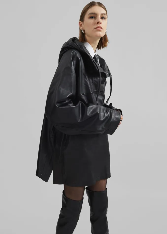 Women Kevin Leather Hooded Overshirt 8211 Black The Frankie Shop Tops