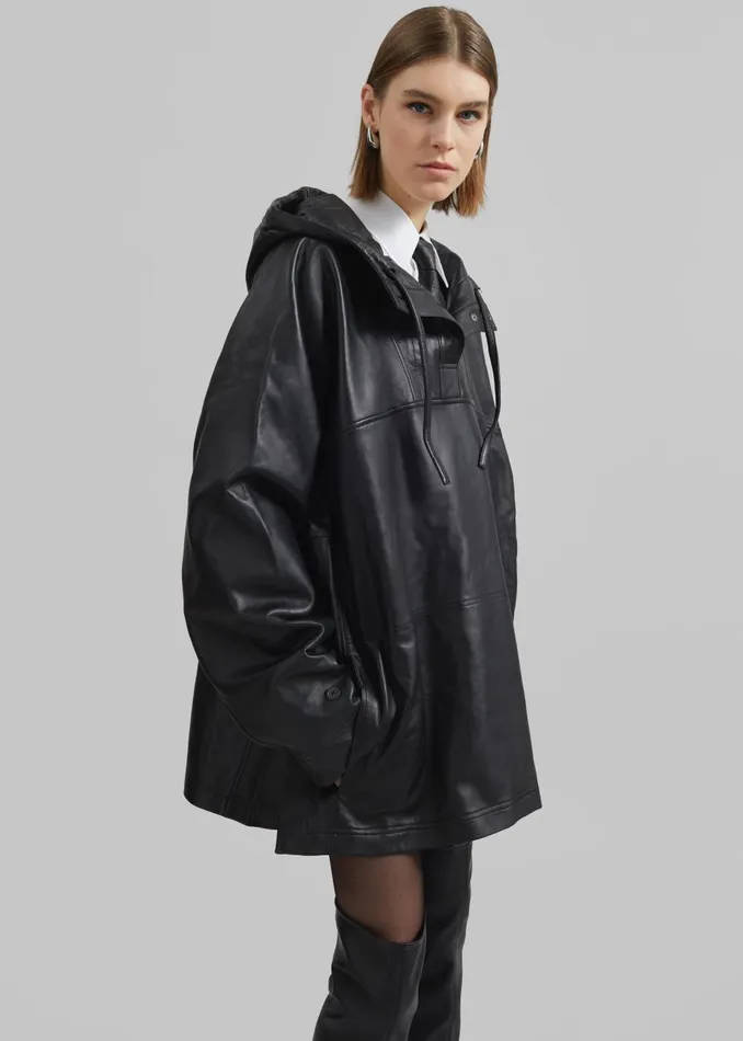 Women Kevin Leather Hooded Overshirt 8211 Black The Frankie Shop Tops