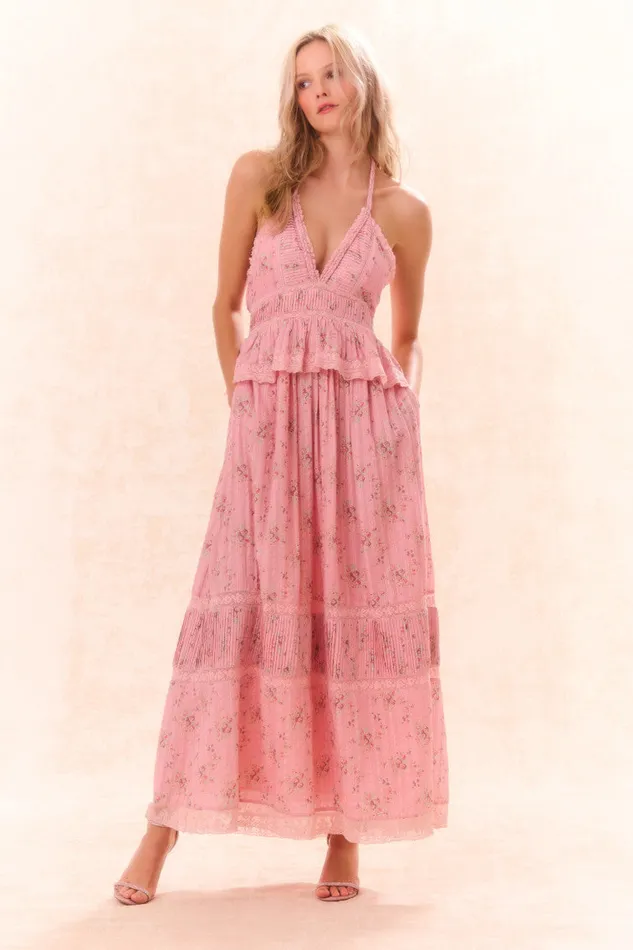 WomenKids Dresses LoveShackFancy Avice Halter Cotton Print Maxi Dress Pink Dusk
