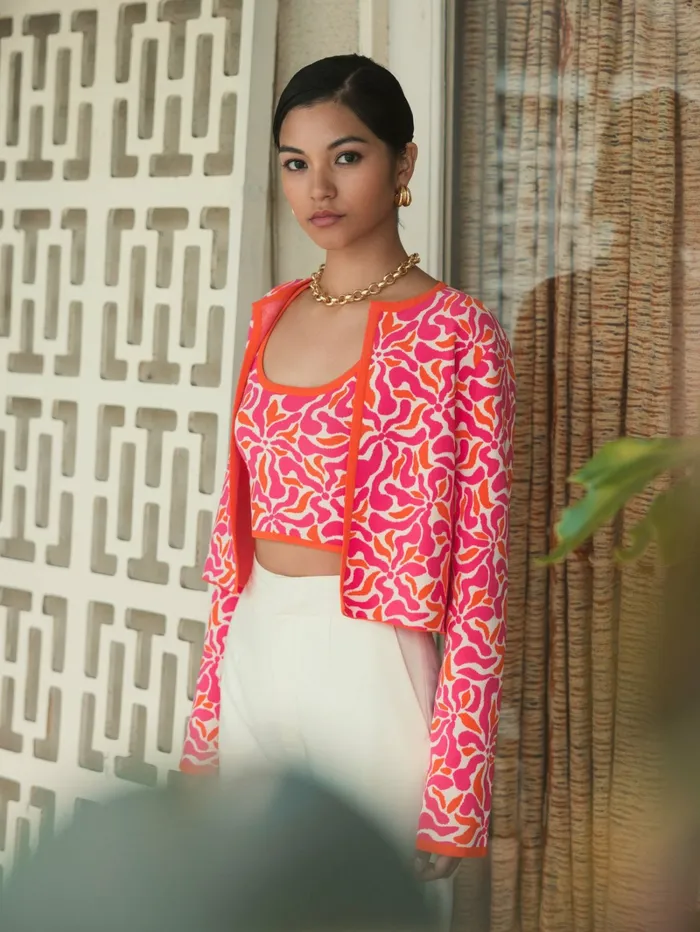 Women Knitwear Mac Duggal Long Sleeve Knit Floral Cardigan 8211 FINAL SALE Sunset Multi