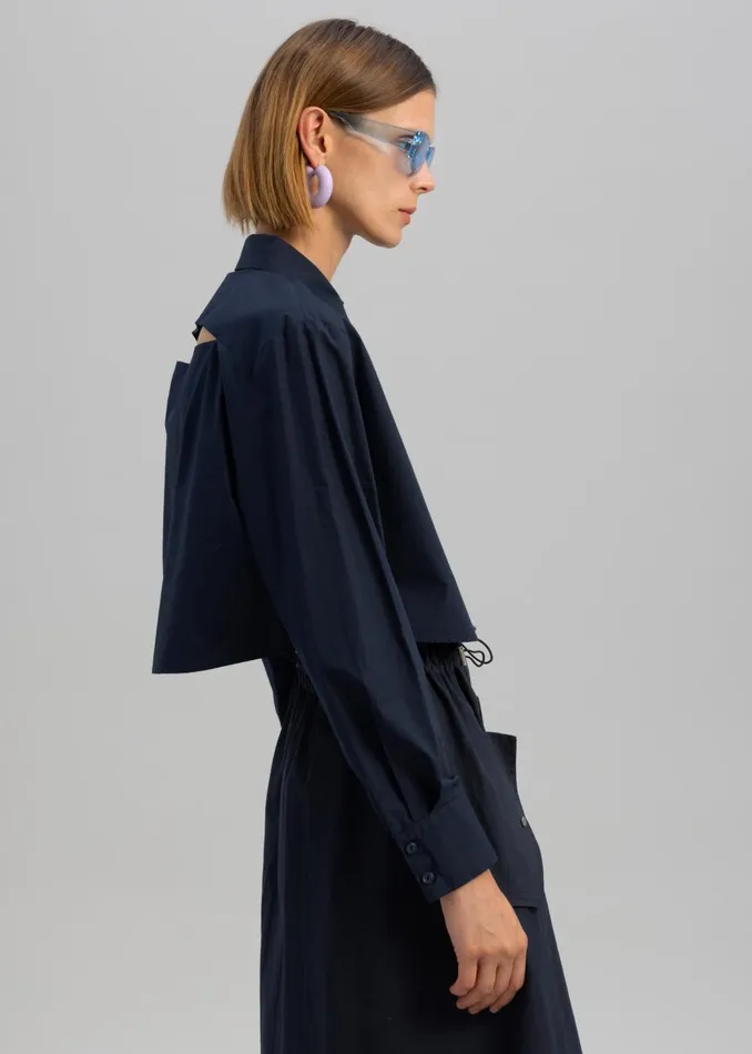 Women Lara Open Shoulder Cropped Shirt 8211 Navy The Frankie Shop Tops