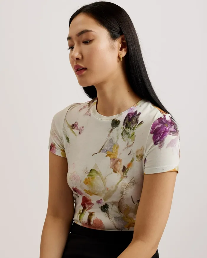 Women LIBBYLY 8211 Floral Print Fitted TShirt White Ted Baker Tops and Blouses