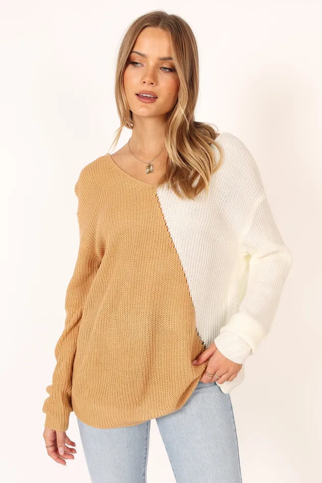 Women Lizzie Two Tone Knit Sweater 8211 Beige Multi Beige Multi Knitwear petalandpup