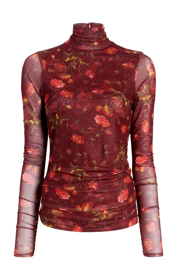 Women Long Sleeve Tops Cinq Sept Falling Poppies Shirred Mesh Turtleneck Rhubarb Multi