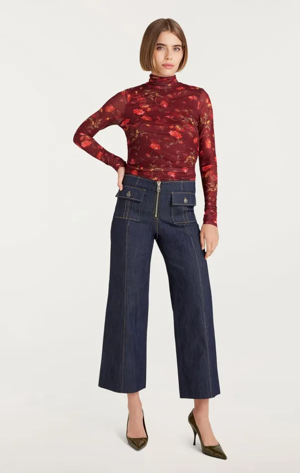 Women Long Sleeve Tops Cinq Sept Falling Poppies Shirred Mesh Turtleneck Rhubarb Multi
