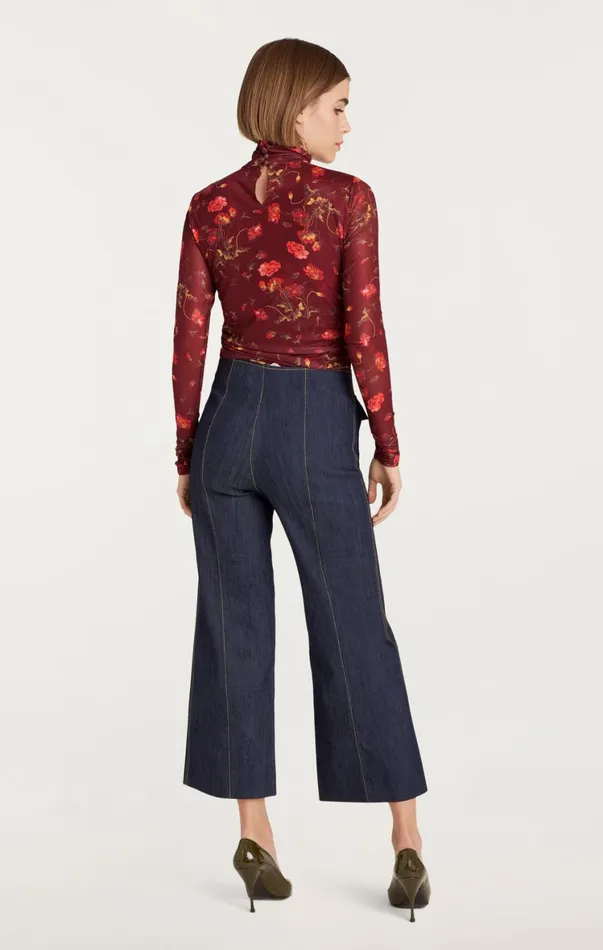 Women Long Sleeve Tops Cinq Sept Falling Poppies Shirred Mesh Turtleneck Rhubarb Multi