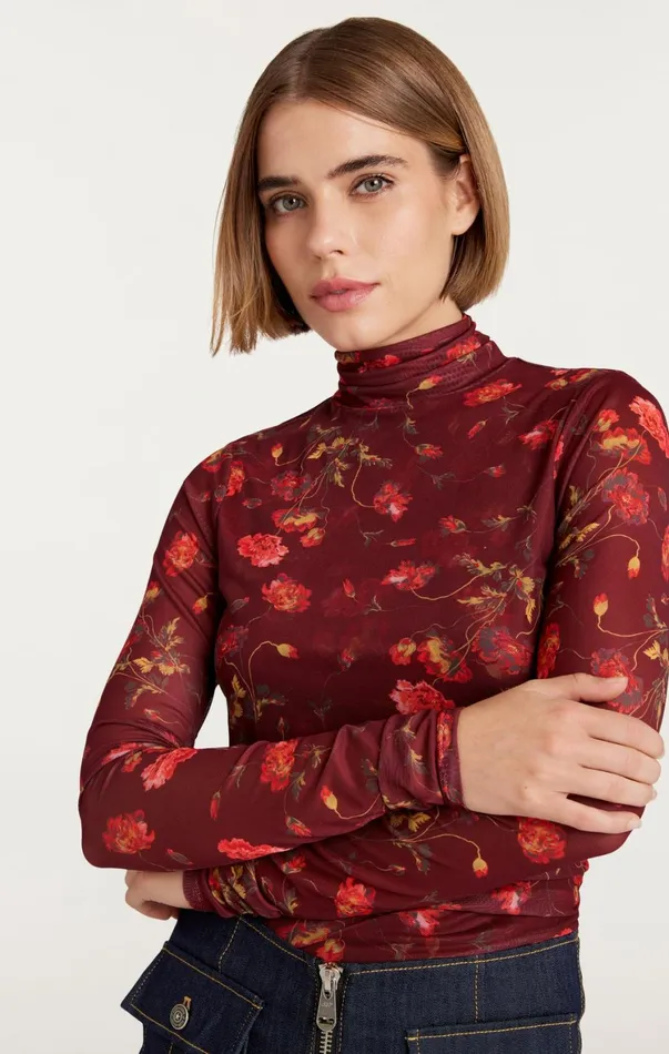 Women Long Sleeve Tops Cinq Sept Falling Poppies Shirred Mesh Turtleneck Rhubarb Multi