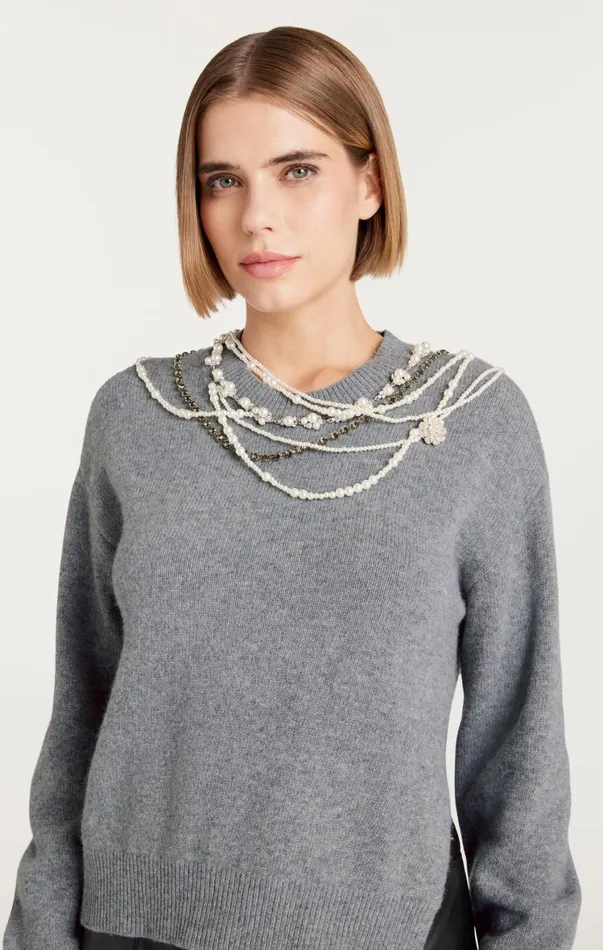 Women Long Sleeve Tops Cinq Sept Necklace Lilliana Pullover Light Heather Grey