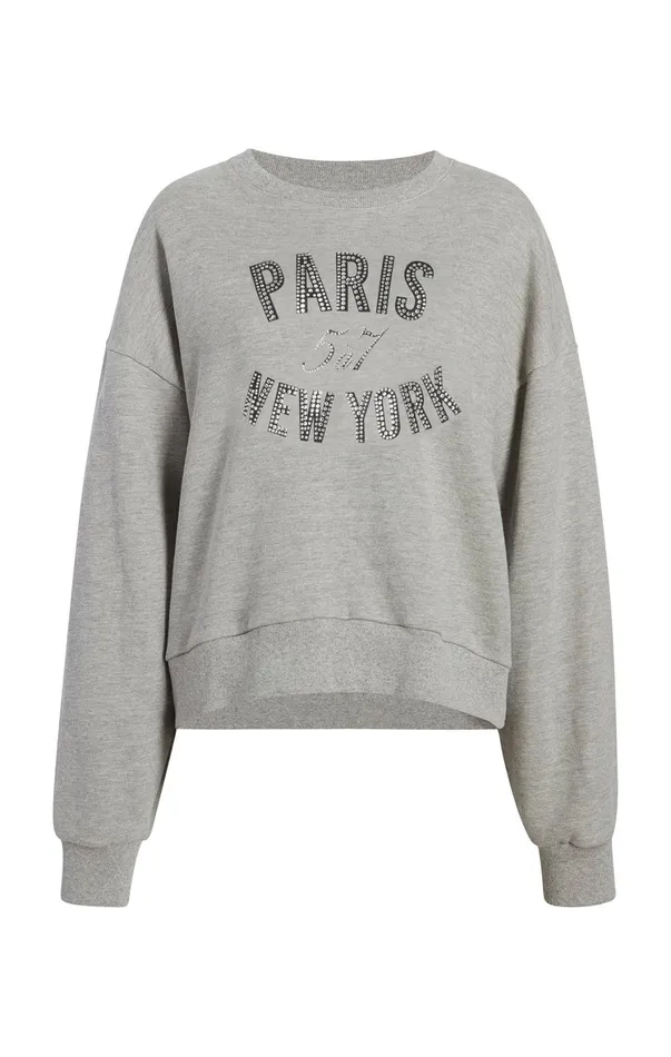 Women Long Sleeve Tops Cinq Sept Rhinestone Paris New York Brandy Pullover Heather Greyblack