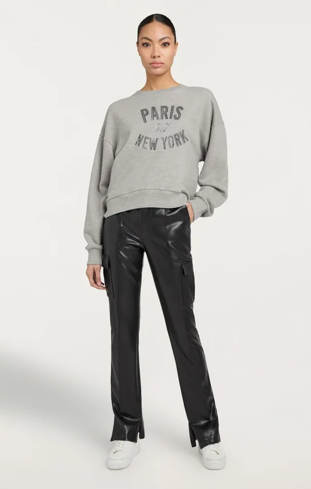 Women Long Sleeve Tops Cinq Sept Rhinestone Paris New York Brandy Pullover Heather Greyblack
