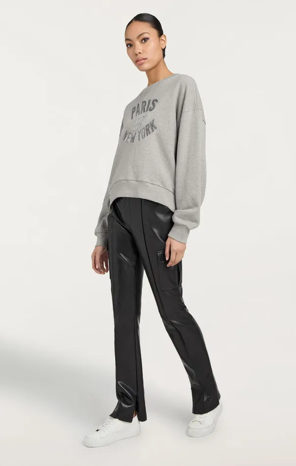 Women Long Sleeve Tops Cinq Sept Rhinestone Paris New York Brandy Pullover Heather Greyblack