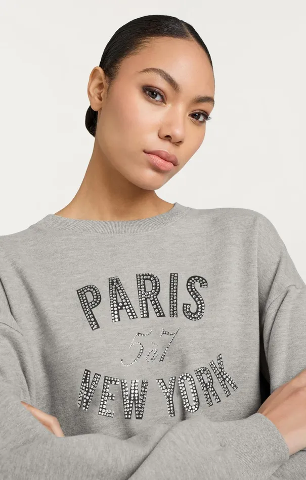 Women Long Sleeve Tops Cinq Sept Rhinestone Paris New York Brandy Pullover Heather Greyblack