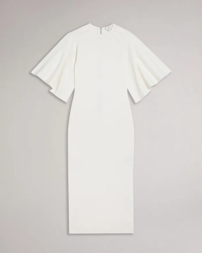 Women LOUNIA 8211 Fluted Sleeve Knitted Bodycon Midi Dress White Ted Baker Dresses