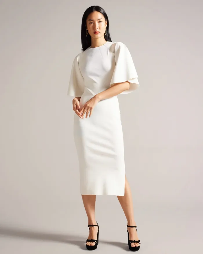 Women LOUNIA 8211 Fluted Sleeve Knitted Bodycon Midi Dress White Ted Baker Dresses