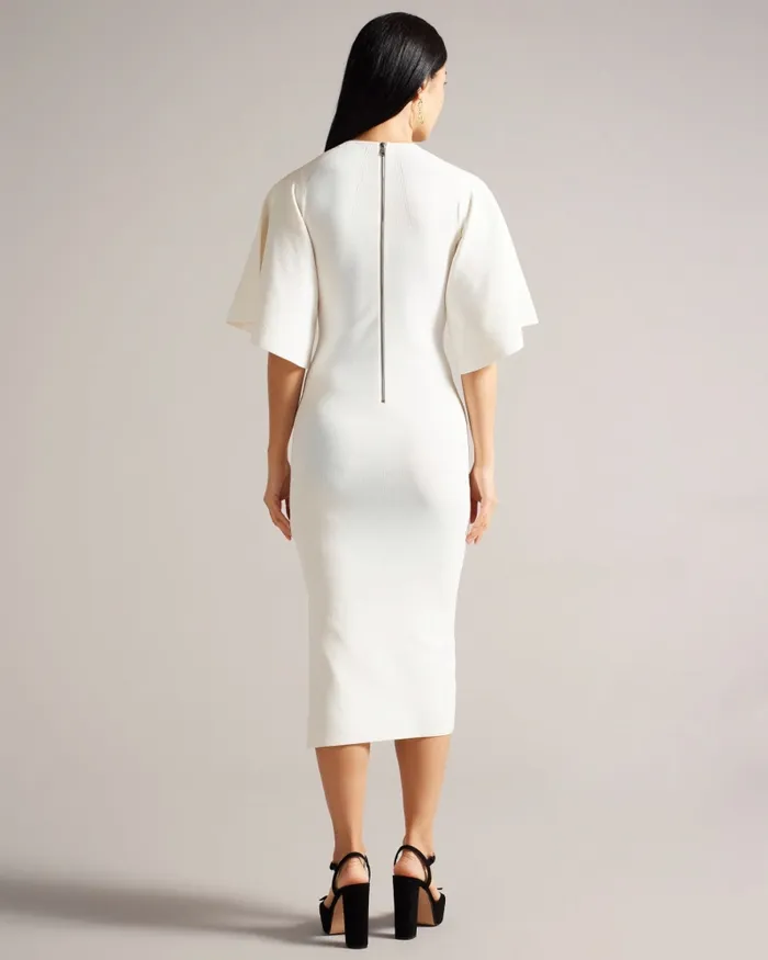 Women LOUNIA 8211 Fluted Sleeve Knitted Bodycon Midi Dress White Ted Baker Dresses