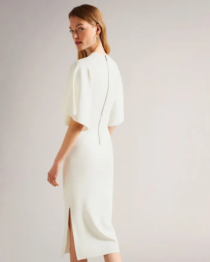 Women LOUNIA 8211 Fluted Sleeve Knitted Bodycon Midi Dress White Ted Baker Dresses