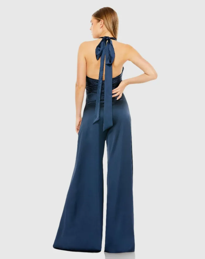 Women Mac Duggal Blue Ruched Halter Top Wide Leg Satin Jumpsuit Sapphire Jumpsuits and Rompers Women Mac Duggal Blue Ruched Halter Top Wide Leg Satin Jumpsuit Sapphire Jumpsuits and Rompers