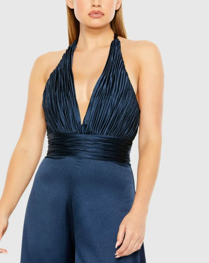 Women Mac Duggal Blue Ruched Halter Top Wide Leg Satin Jumpsuit Sapphire Jumpsuits and Rompers Women Mac Duggal Blue Ruched Halter Top Wide Leg Satin Jumpsuit Sapphire Jumpsuits and Rompers