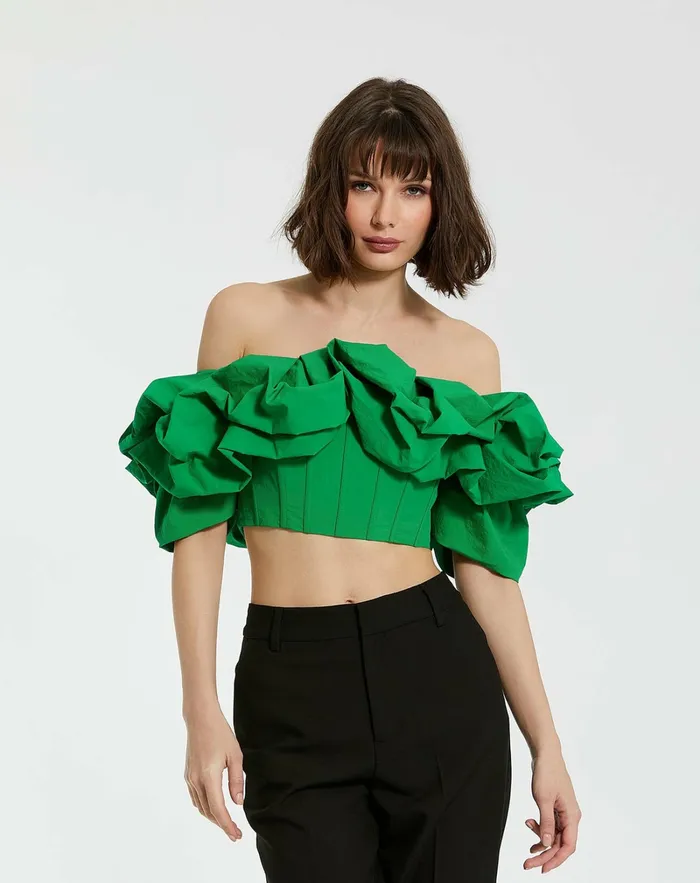 Women Mac Duggal Green Faille Off The Shoulder Bustier Ruffle Top 8211 FINAL SALE Spring Green Blouses and Tops
