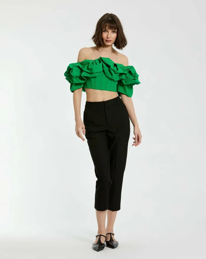 Women Mac Duggal Green Faille Off The Shoulder Bustier Ruffle Top 8211 FINAL SALE Spring Green Blouses and Tops