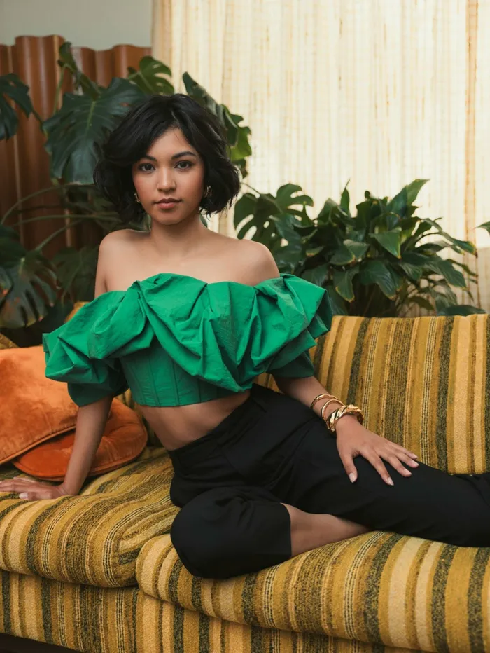 Women Mac Duggal Green Faille Off The Shoulder Bustier Ruffle Top 8211 FINAL SALE Spring Green Blouses and Tops