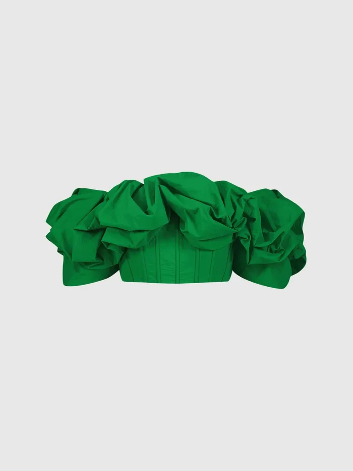 Women Mac Duggal Green Faille Off The Shoulder Bustier Ruffle Top 8211 FINAL SALE Spring Green Blouses and Tops