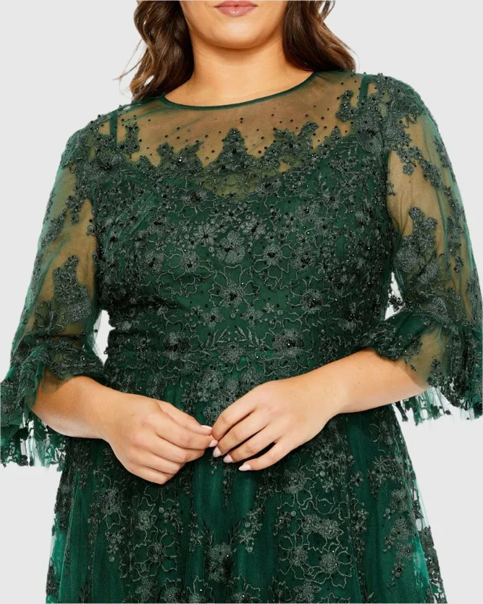 Women Mac Duggal High Neck Flutter Sleeve Embroidered A Line Dress Vintage Lilac Plus Size Dresses