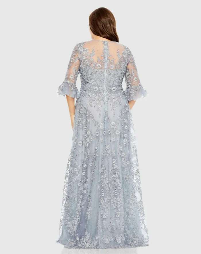 Women Mac Duggal High Neck Flutter Sleeve Embroidered A Line Dress Vintage Lilac Plus Size Dresses