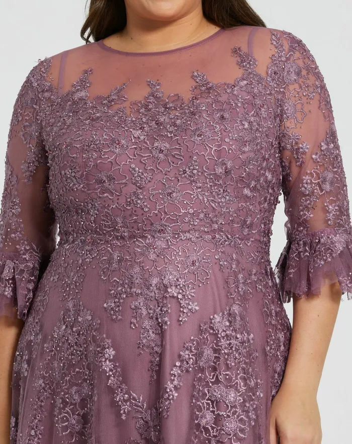 Women Mac Duggal High Neck Flutter Sleeve Embroidered A Line Dress Vintage Lilac Plus Size Dresses