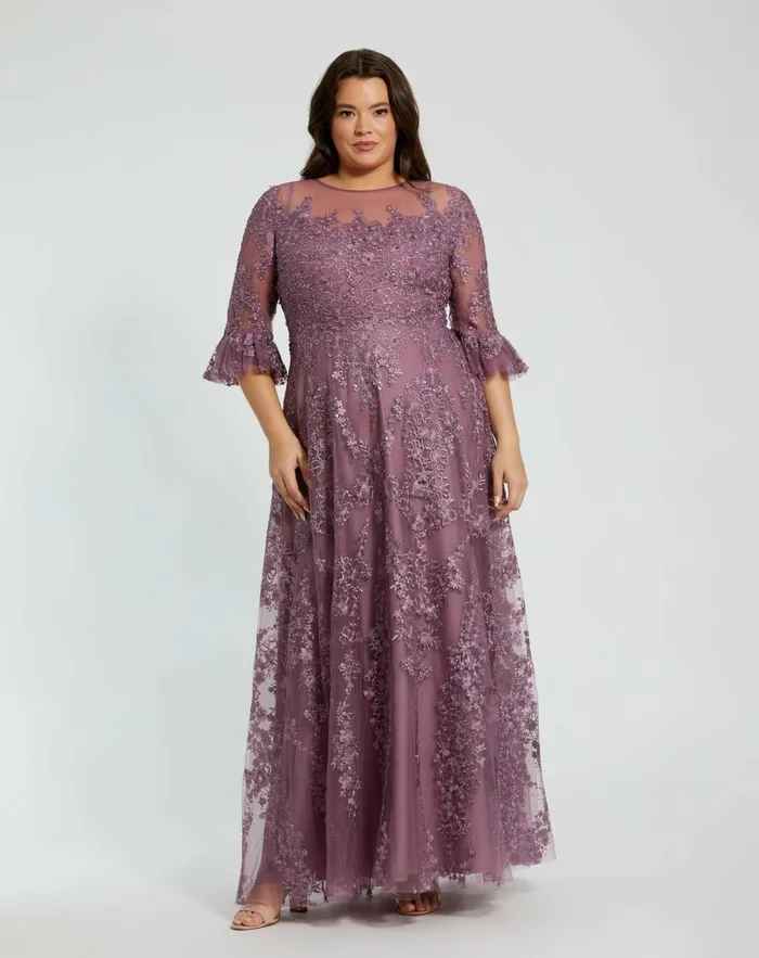Women Mac Duggal High Neck Flutter Sleeve Embroidered A Line Dress Vintage Lilac Plus Size Dresses