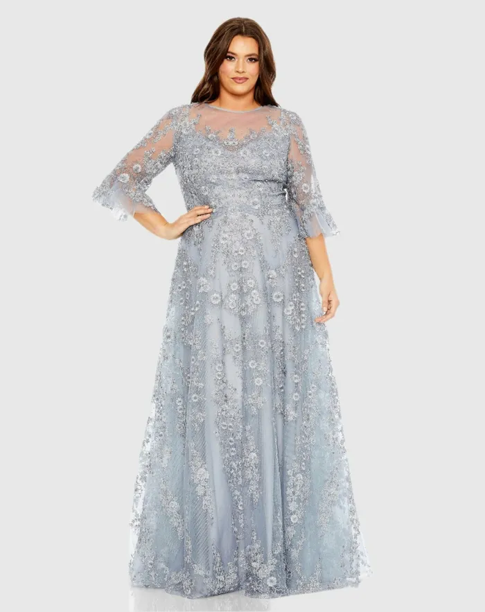 Women Mac Duggal High Neck Flutter Sleeve Embroidered A Line Dress Vintage Lilac Plus Size Dresses