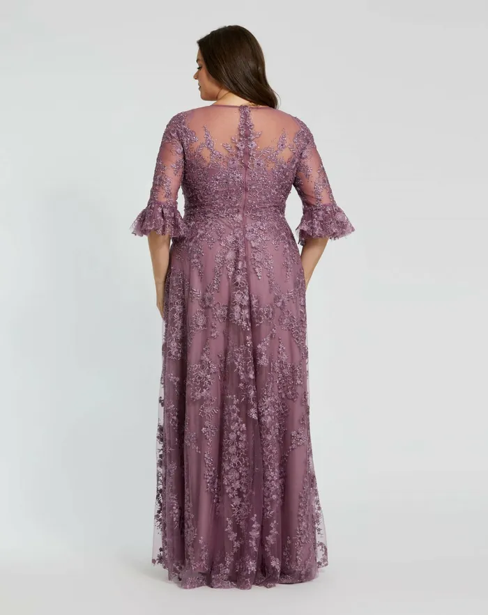 Women Mac Duggal High Neck Flutter Sleeve Embroidered A Line Dress Vintage Lilac Plus Size Dresses