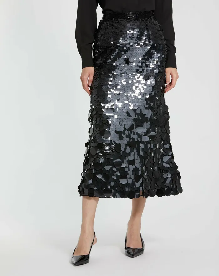 Women Mac Duggal Paillette Sequin Midi Skirt Black Skirts