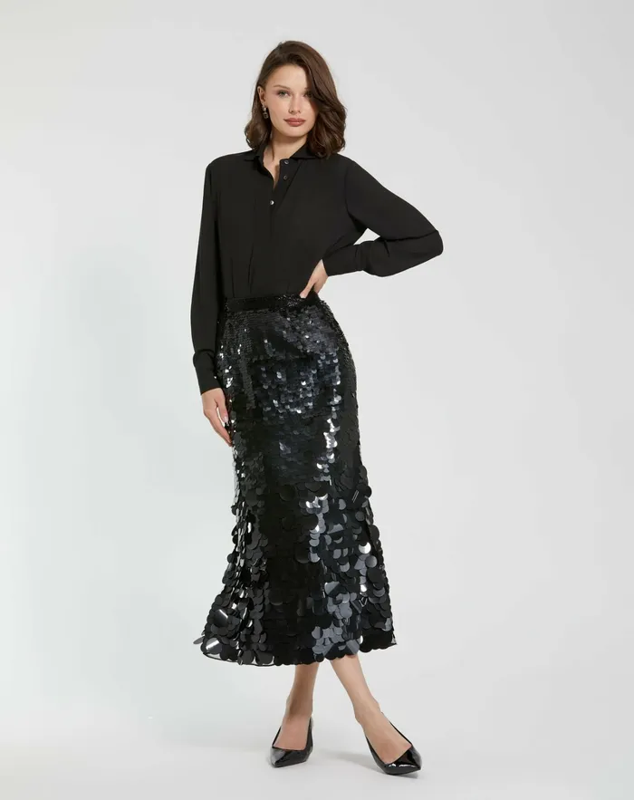 Women Mac Duggal Paillette Sequin Midi Skirt Black Skirts