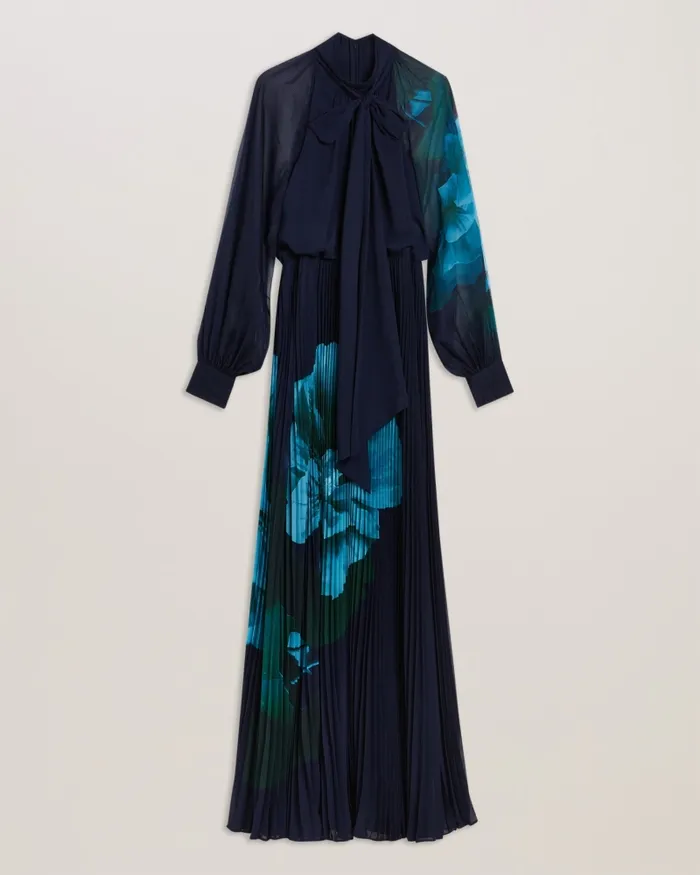 Women MANAMI 8211 Floral Pussybow Pleated Maxi Dress Navy Ted Baker Dresses
