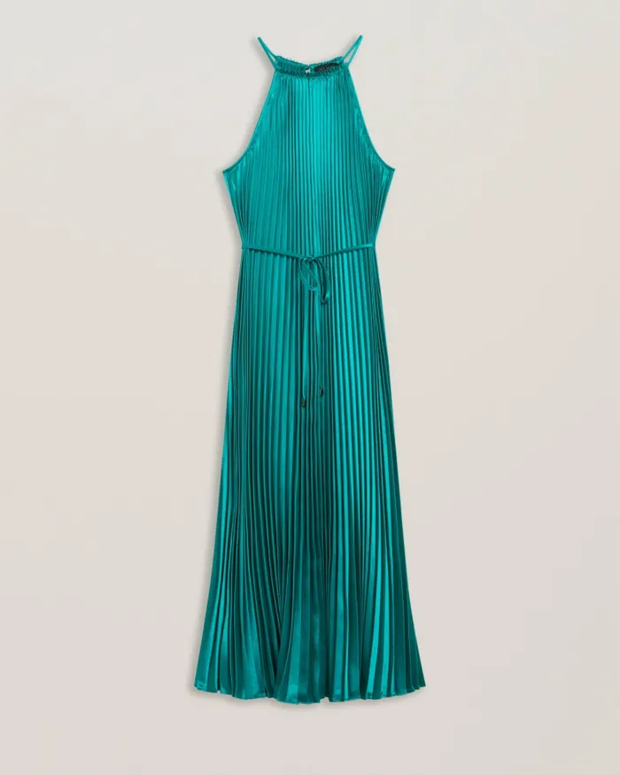 Women MELIKE 8211 Satin Pleated Halterneck Midi Dress Green Ted Baker Dresses