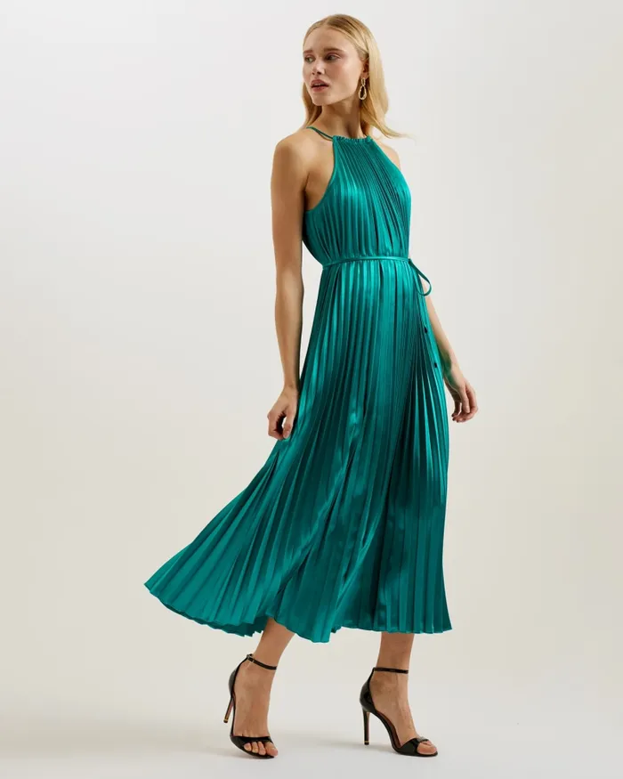 Women MELIKE 8211 Satin Pleated Halterneck Midi Dress Green Ted Baker Dresses Women MELIKE 8211 Satin Pleated Halterneck Midi Dress Green Ted Baker Dresses