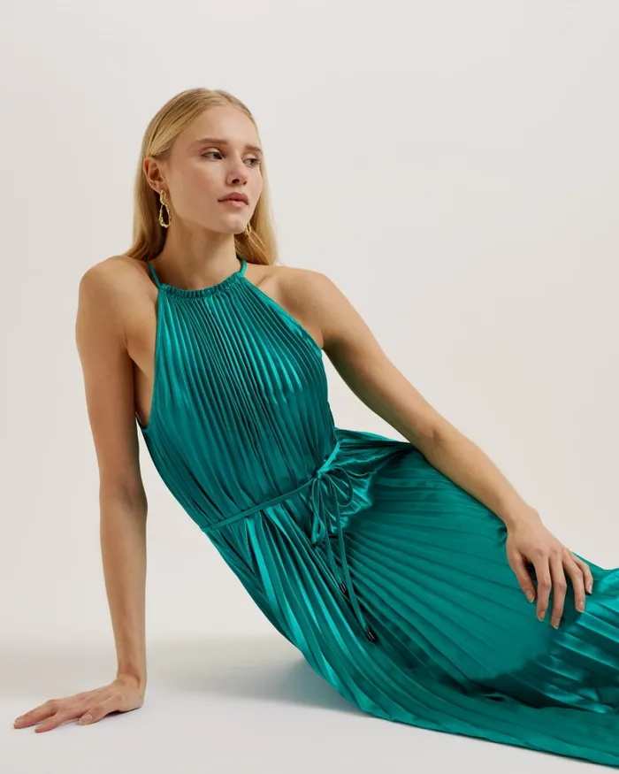 Women MELIKE 8211 Satin Pleated Halterneck Midi Dress Green Ted Baker Dresses Women MELIKE 8211 Satin Pleated Halterneck Midi Dress Green Ted Baker Dresses
