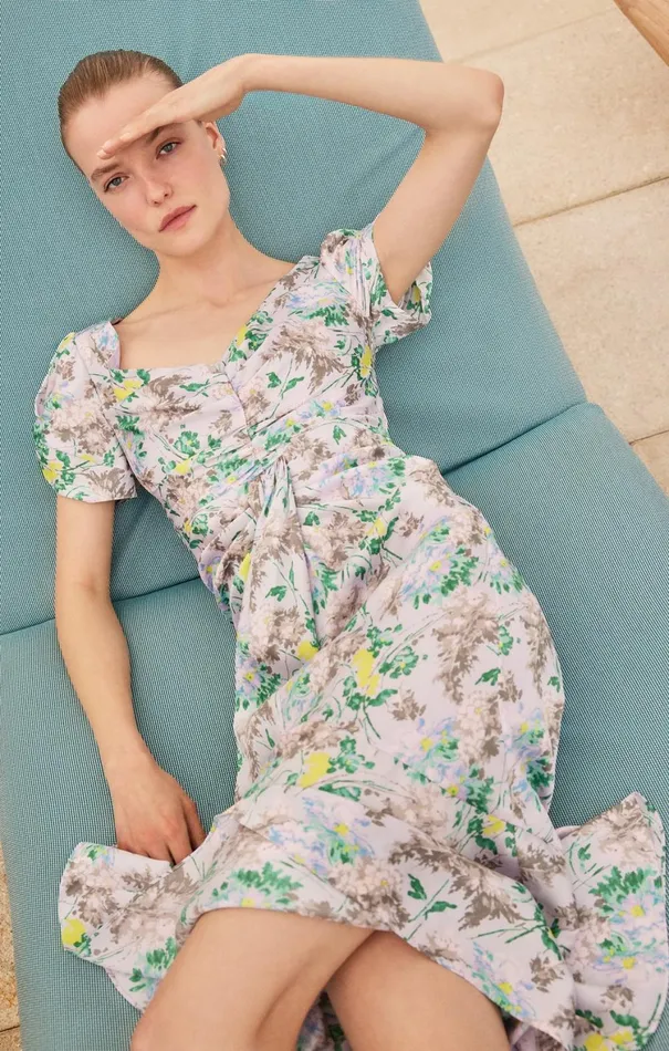 Women Midi Cinq Sept Light Washed Floral Walker Dress Pastel Multi
