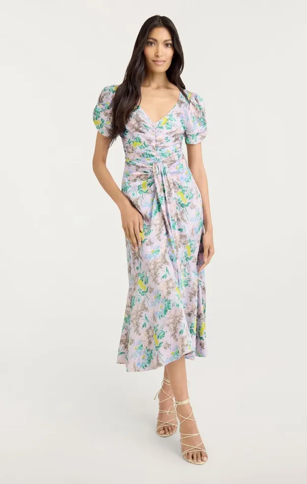 Women Midi Cinq Sept Light Washed Floral Walker Dress Pastel Multi