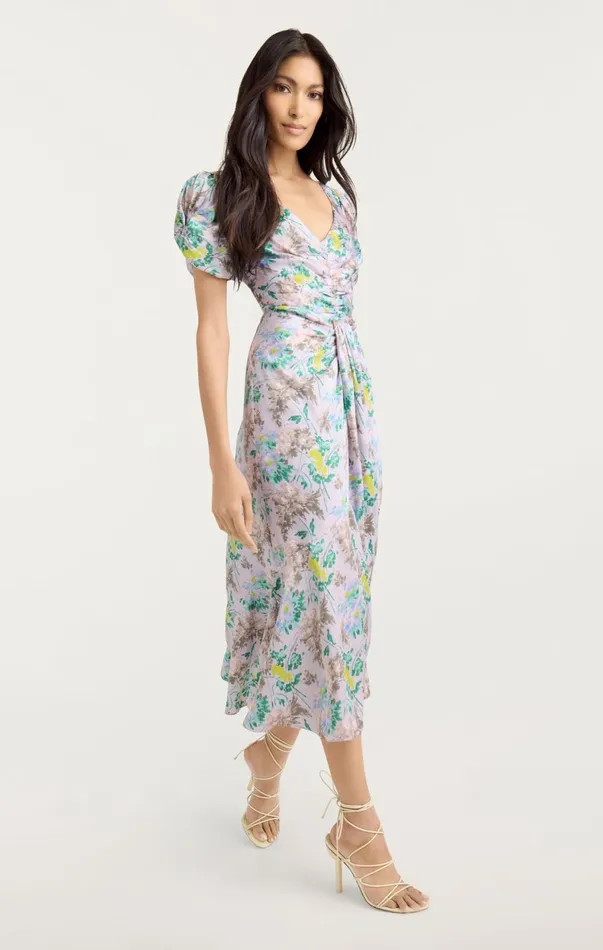 Women Midi Cinq Sept Light Washed Floral Walker Dress Pastel Multi