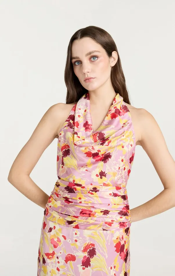 Women Midi Cinq Sept Tossed Floral Olivia Dress Mauve Orchid Multi