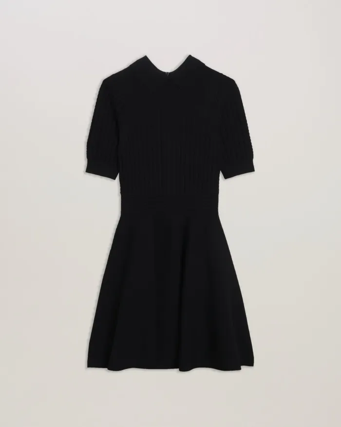 Women MIIAAA 8211 Textured Knit Skater Dress With Collar Black Ted Baker Dresses