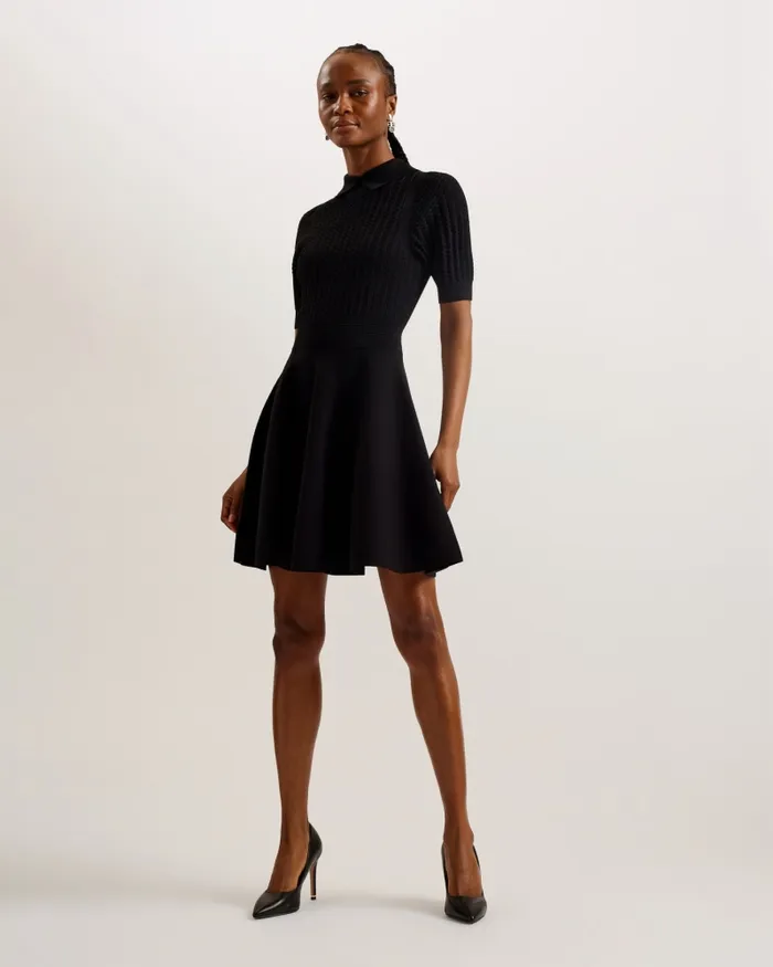 Women MIIAAA 8211 Textured Knit Skater Dress With Collar Black Ted Baker Dresses Women MIIAAA 8211 Textured Knit Skater Dress With Collar Black Ted Baker Dresses