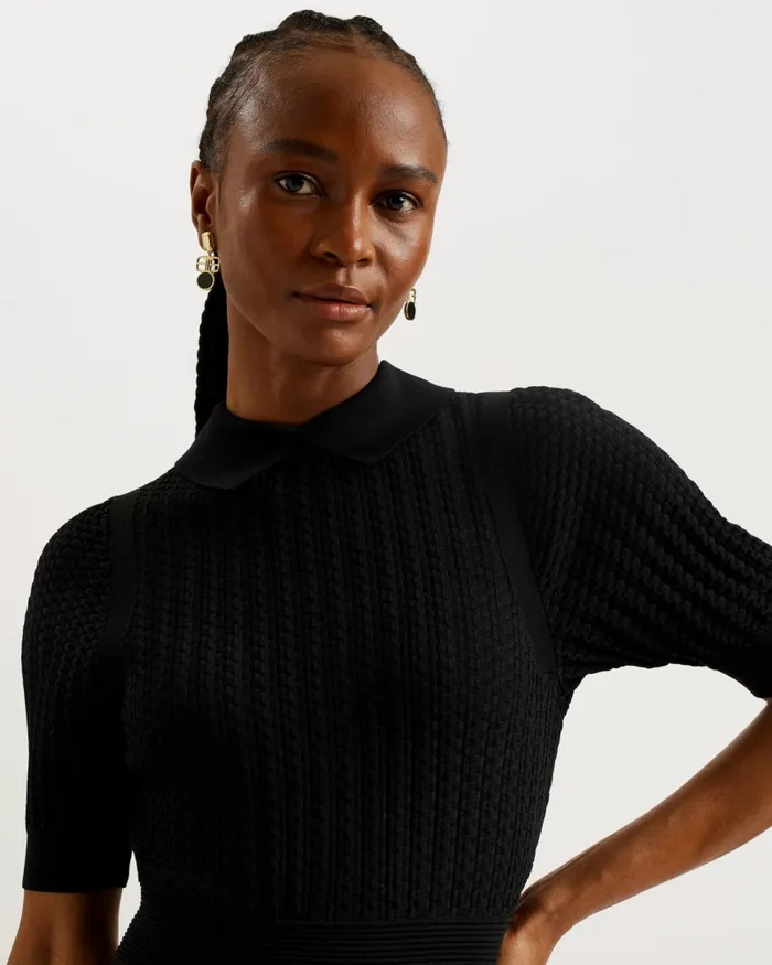 Women MIIAAA 8211 Textured Knit Skater Dress With Collar Black Ted Baker Dresses Women MIIAAA 8211 Textured Knit Skater Dress With Collar Black Ted Baker Dresses