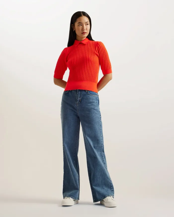 Women MORLIEE 8211 Puff Sleeve Knit Top With Collar Red Ted Baker Jumpers and Cardigans Women MORLIEE 8211 Puff Sleeve Knit Top With Collar Red Ted Baker Jumpers and Cardigans